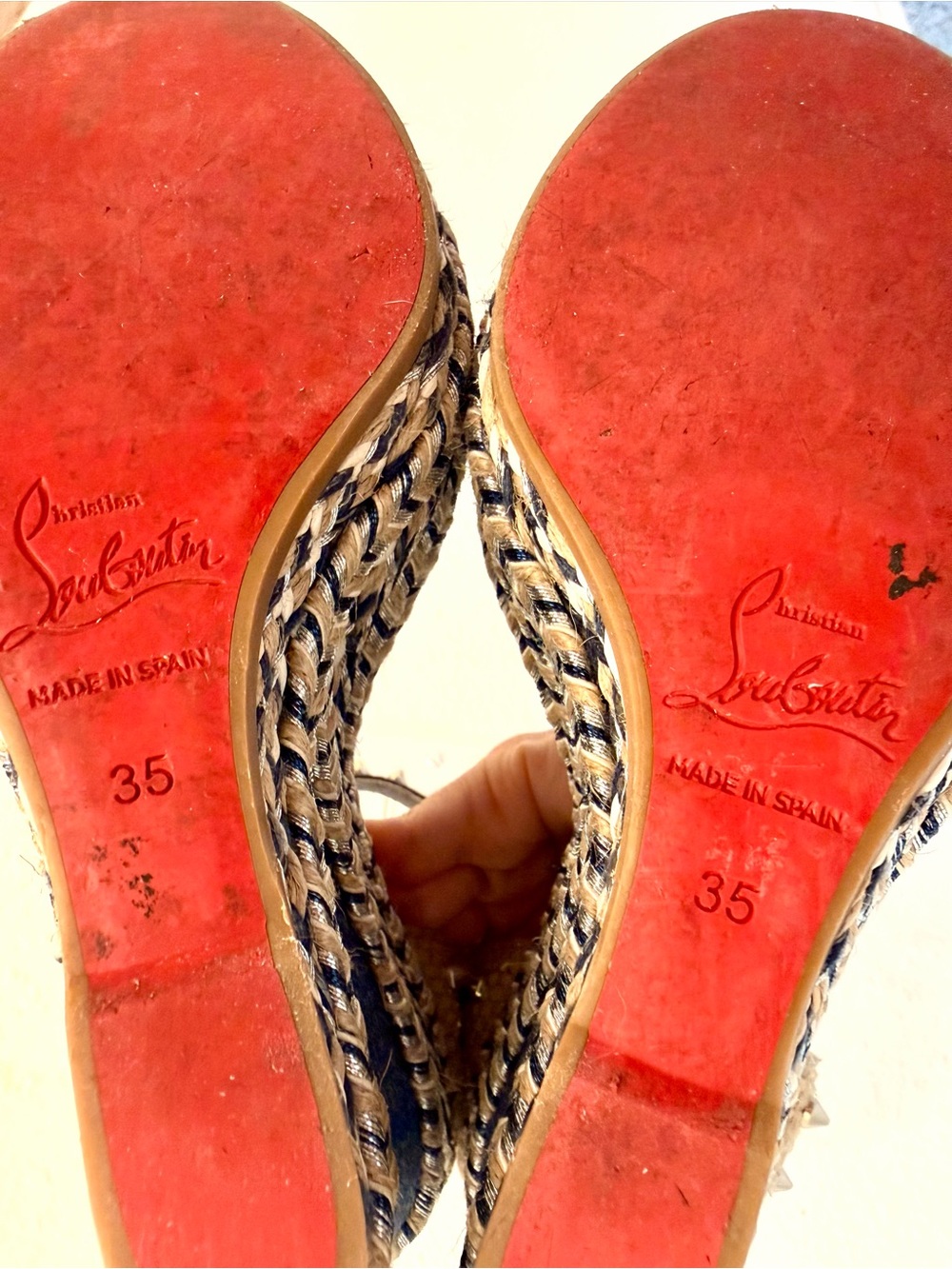 Christian Louboutin Denim & Natural Espadrille Wedge Sandals with Studs - Picture 9 of 9